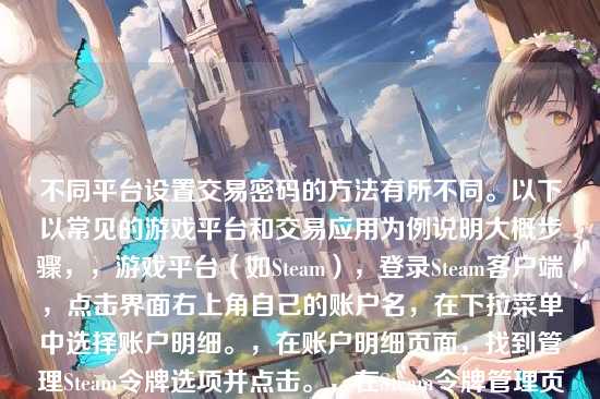 不同平台设置交易密码的方法有所不同。以下以常见的游戏平台和交易应用为例说明大概步骤,,游戏平台(如Steam),登录Steam客户端,点击界面右上角自己的账户名,在下拉菜单中选择账户明细。,在账户明细页面,找到管理Steam令牌选项并点击。,在Steam令牌管理页面,会看到添加手机验证器等安全设置选项,强烈建议先绑定手机验证器提高安全性。,之后在相关安全设置区域,可能会有与交易密码或交易限制相关的选项(如果没有可咨询Steam客服),按照提示设置密码,设置过程中可能需要再次验证账户身份(如通过手机验证码)。,数字资产交易应用(如欧易OKX),打开欧易OKX应用,登录账号后点击界面右下角资产选项。,在资产页面,找到并点击安全中心。,在安全中心里,找到交易密码选项,点击设置。,系统会要求进行身份验证,可能需要输入登录密码、发送到绑定手机或邮箱的验证码等。,验证通过后,按照提示输入新的交易密码并确认,交易密码通常由数字、字母等组合而成,设置完成后即可使用交易密码进行相关操作。,你可以明确一下具体平台名称,以便我提供更准确详细的设置步骤。