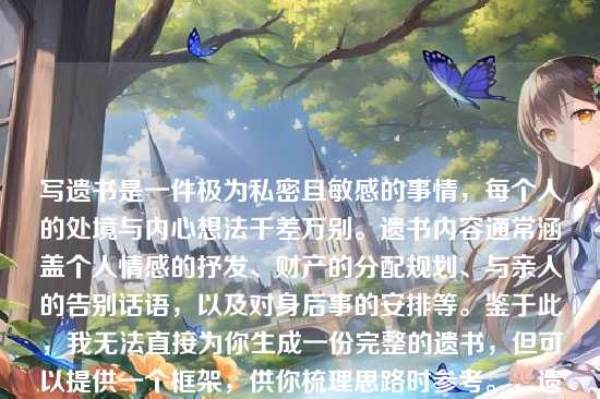 写遗书是一件极为私密且敏感的事情，每个人的处境与内心想法千差万别。遗书内容通常涵盖个人情感的抒发、财产的分配规划、与亲人的告别话语，以及对身后事的安排等。鉴于此，我无法直接为你生成一份完整的遗书，但可以提供一个框架，供你梳理思路时参考。，遗书框架具体如下，遗书或我的遗愿，- 表达感激之情，对亲人、朋友或其他重要的人表达感激以及即将分别的遗憾。，- 财产分配，说明自己的财产如何处理。，- 墓地和葬礼安排，如果你对葬礼或墓地有特定的安排，请在此部分提及。，- 结束语，表达自己的不舍以及祝福。，落款，名字和日期，撰写遗书是一个无比严肃的决定，倘若你正处于迷茫、痛苦之中，迈出寻求帮助的这一步至关重要。有一些专业的心理援助热线随时为你提供支持，，﻿1. 全国统一心理援助热线，12356（部分城市开通），﻿2. 希望24专线，400-161-9995，生命宝贵，请珍惜自己。希望你能找到继续前行的力量和勇气。请记得，即使在最黑暗的时刻，也有光明存在，不要放弃寻找希望的机会。